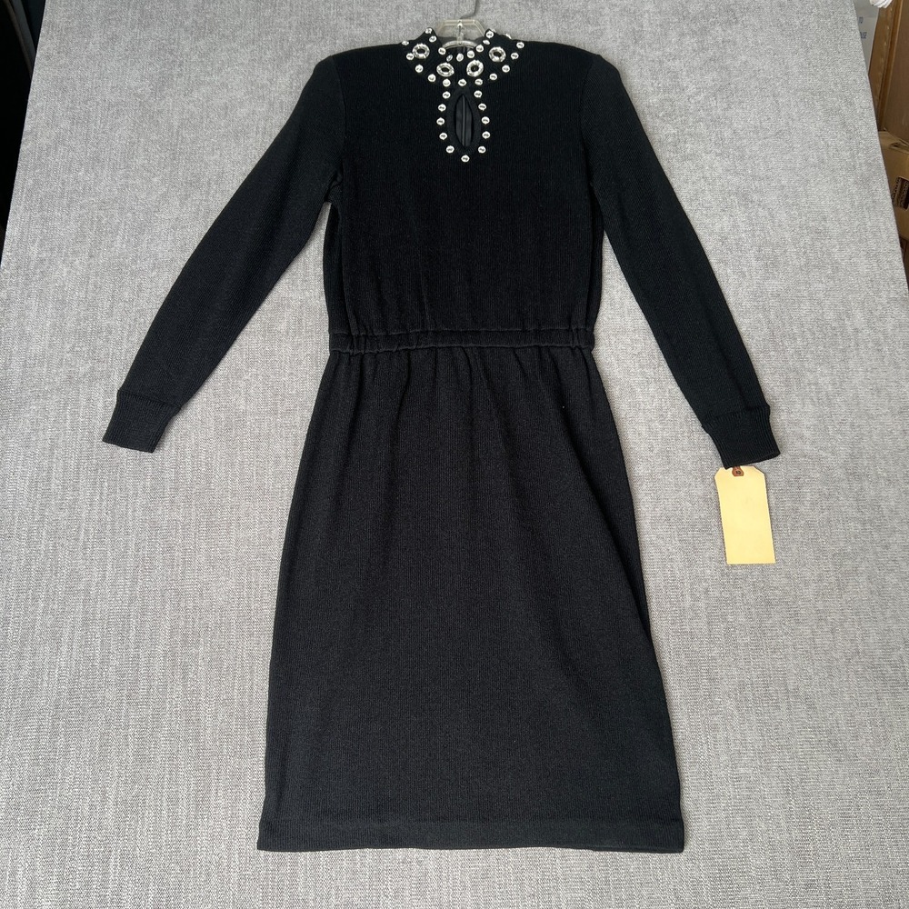 Vtg 80s Liz Claiborne Sweater Dress Womens S Black Rhinestone Embellished Neck